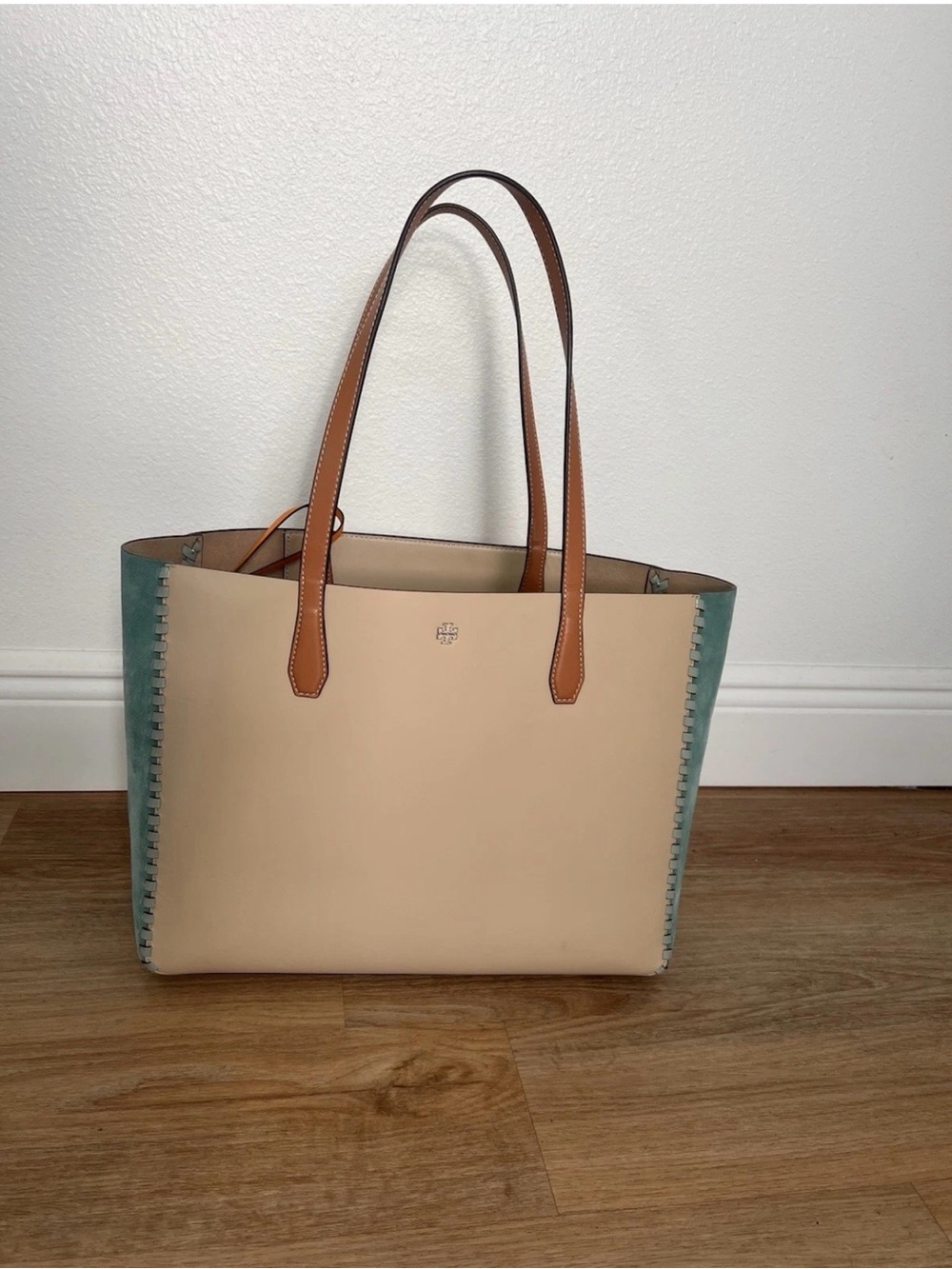 Tory Burch McGraw Mixed-Materials Tote - Beige Leather & Teal Suede - MINT